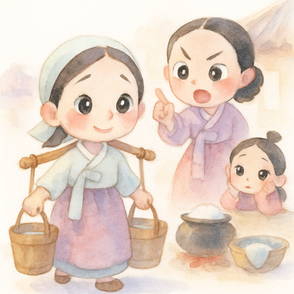 콩쥐가 물 긷고, 밥하고, 빨래하는 등 여러 일을 하는 모습